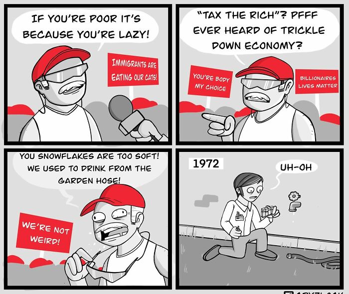 Comic strip with a man in a red cap making sarcastic comments, reflecting quirky and unexpected humor.