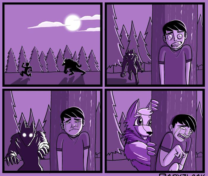 Quirky comic strip with a sarcastic twist, featuring a werewolf surprising a hiding man in the woods.