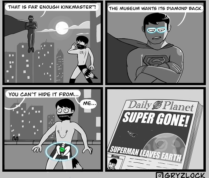 Comic strip by artist features quirky superhero encounter with sarcastic twist involving missing diamond and unexpected ending.