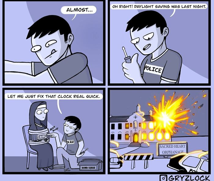 Comic drawing of a b**b squad officer adjusting a clock on a nun, causing an explosion at an orphanage. Quirky and sarcastic.
