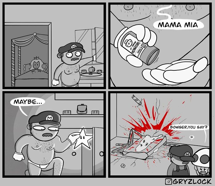 Comic illustration of a character in a hat using power pills with a humorous, unexpected ending. Quirky and sarcastic tone.