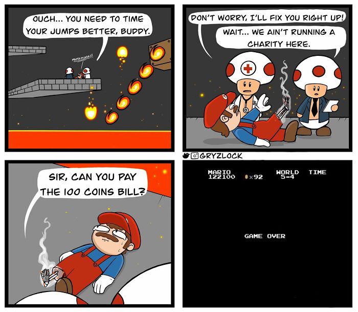 Comic by artist featuring a character needing coins for medical help after a fall, with unexpected sarcasm and ending.