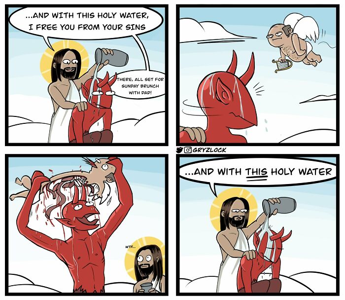 Comic with quirky and sarcastic twist showing a character humorously interrupted during a ritual with unexpected holy water use.