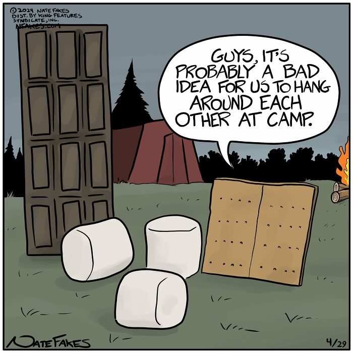 Food-related comic panel with marshmallows and graham crackers discussing campfire plans.