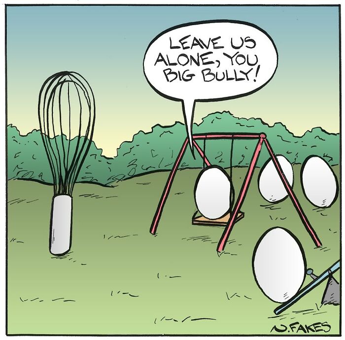 Eggs on a playground being bullied by a whisk in a humorous food-related comic panel.