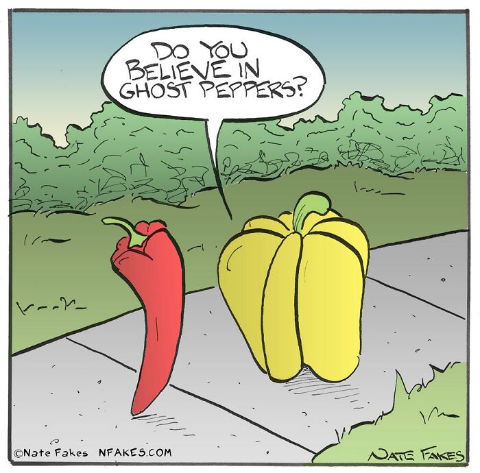 A single-panel comic featuring two peppers, with one asking, "Do you believe in ghost peppers?"