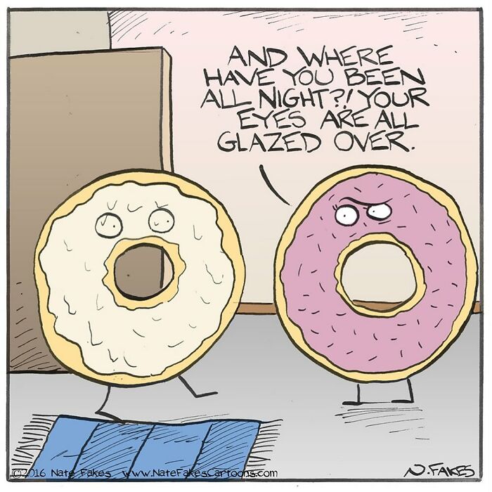 Two donut characters, one with icing, the other plain, engage in a food-related comic joke about staying out all night.