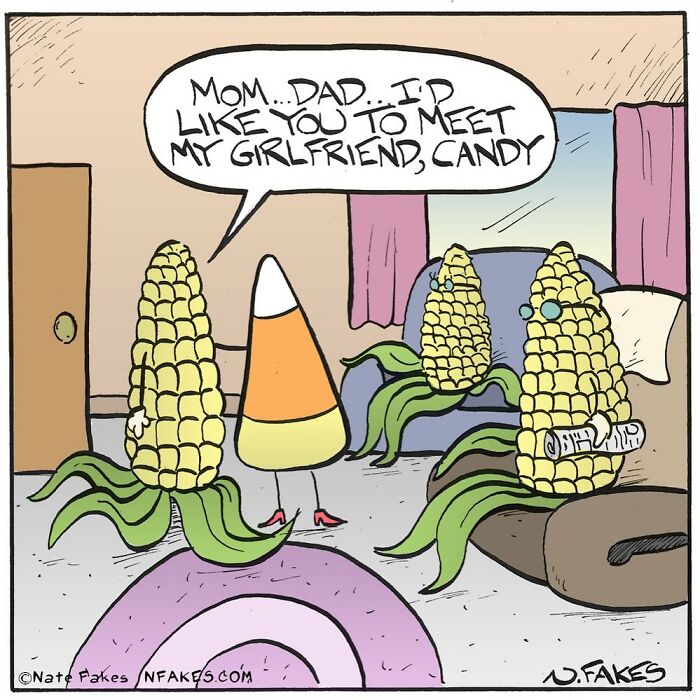 Food-related comic with corn parents meeting candy girlfriend in living room.