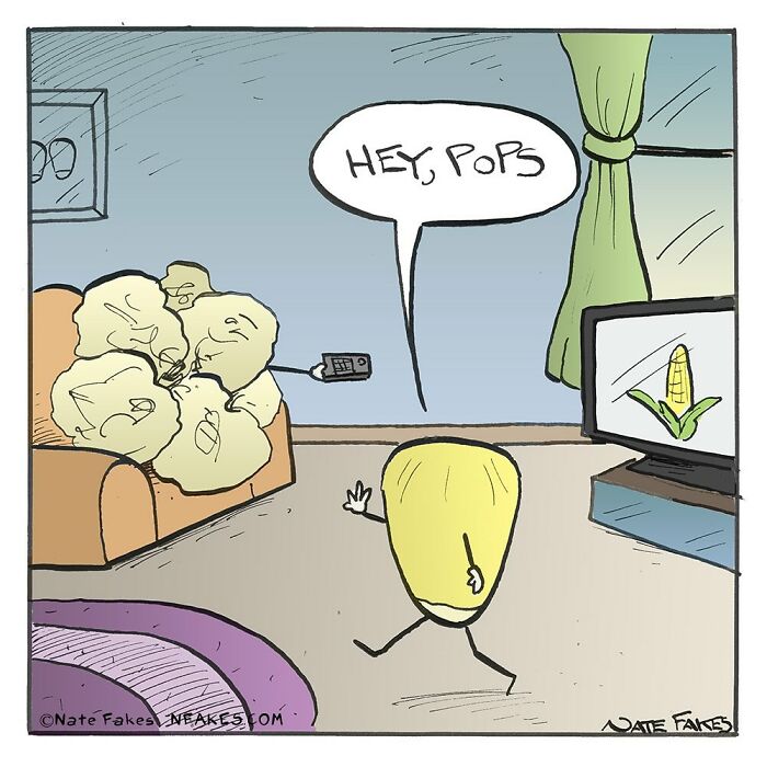 A corn cob walks in greeting popcorn on a couch, watching TV.