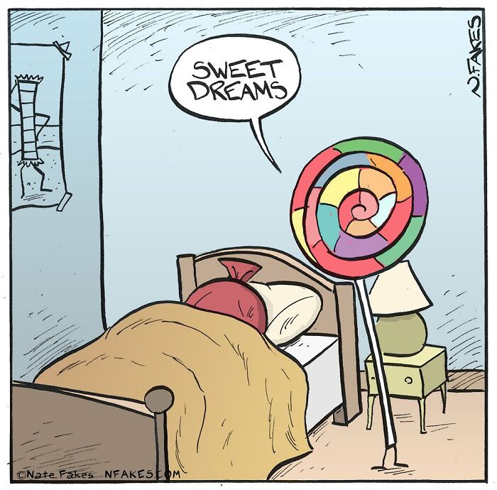 Food comic: A lollipop stands by a bed with a candy sleeping, saying "Sweet dreams."