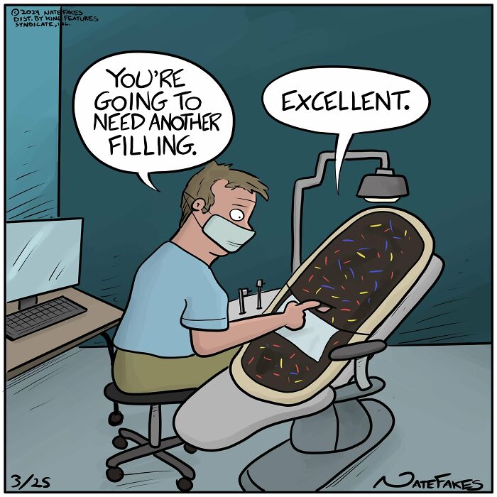 A dentist telling a candy-filled dentist chair it needs another filling, showcasing food-related comic humor.