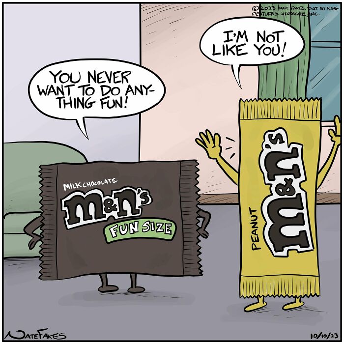 Food-related comic featuring milk chocolate and peanut candy characters humorously chatting.