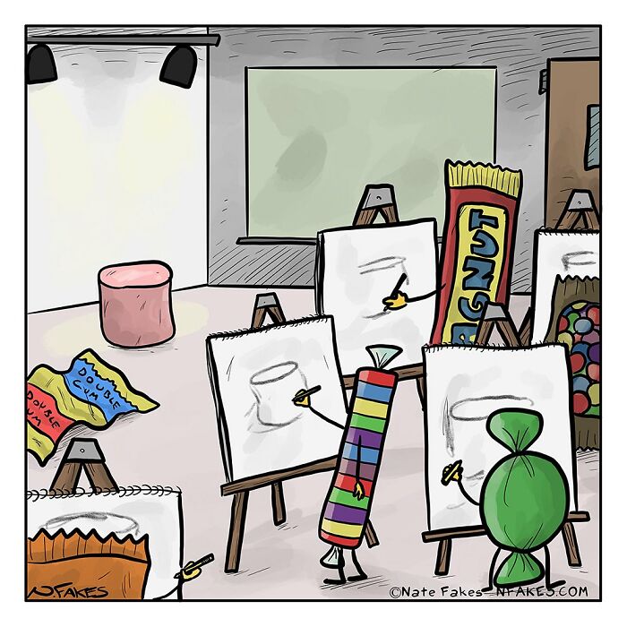 Food-related comic of candies drawing still life in an art class.