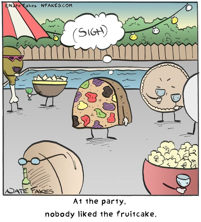 Food-related comic with fruitcake at a party, expressing disappointment while other foods enjoy themselves.