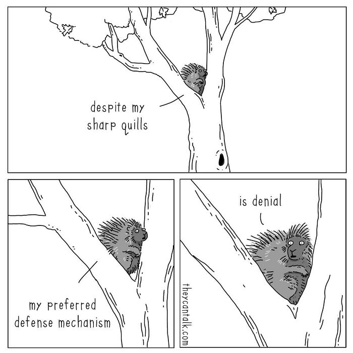 Comic strip featuring a talking porcupine in a tree expressing its defense mechanism with humor in animals voice comics.