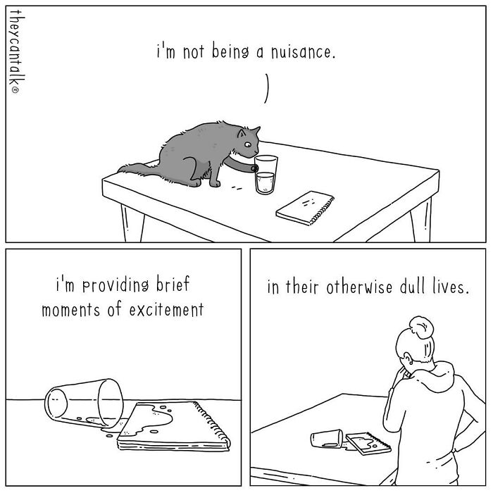 Cat knocking over a glass and notebook in a funny new they can talk comic by Jimmy Craig showing animals with a voice.