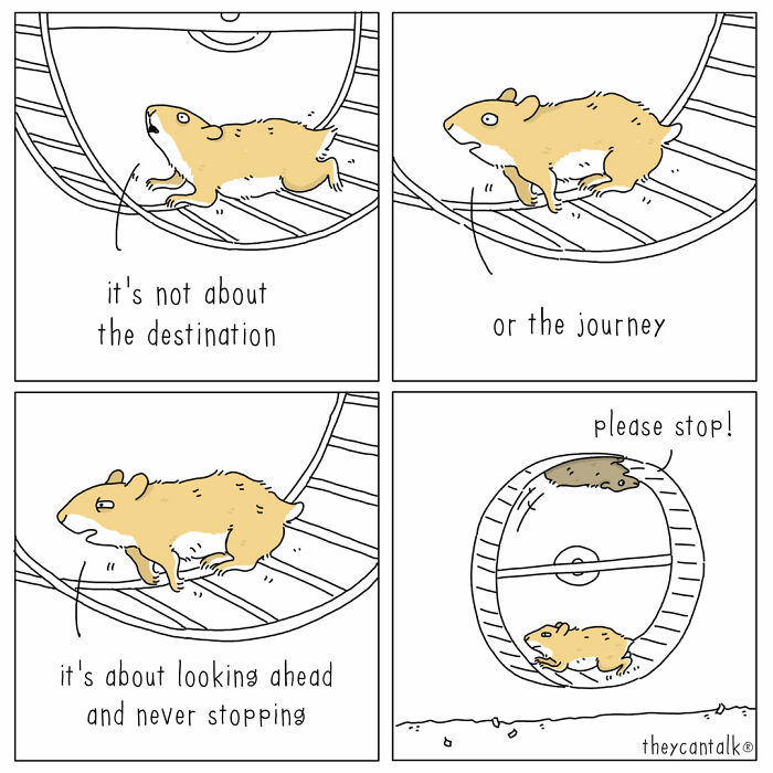 Humorous comic panels showing a hamster running in a wheel with animals expressing thoughts in a funny voice.