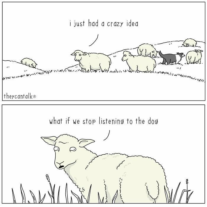 Sheep in a comic strip showing animals with a voice, discussing a crazy idea about the dog in a funny talking animals comic.