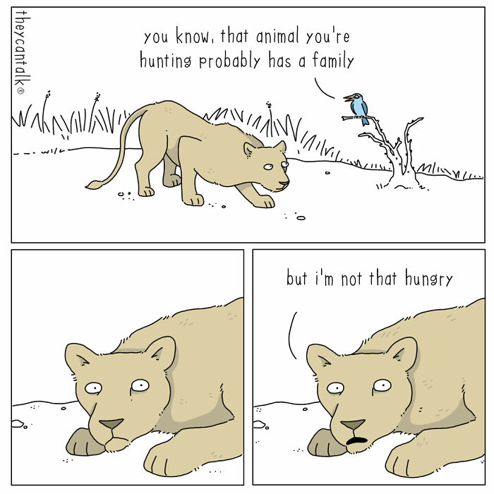 Comic showing a funny talking animal scene with a lion and bird conveying animals with a voice humorously.