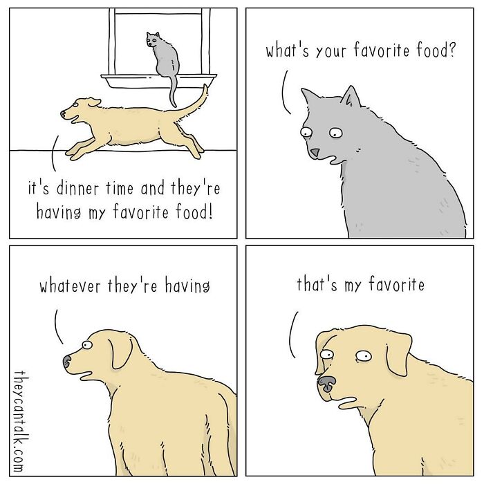 Comic showing a dog and cat humorously talking about favorite food in a funny animals with a voice comic style.