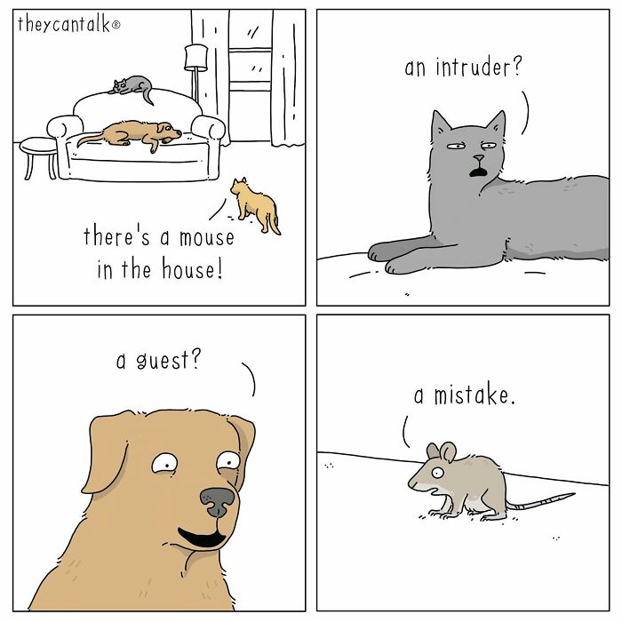 Comic from Funny They Can Talk series by Jimmy Craig shows animals expressing surprise and humor about a mouse in the house.