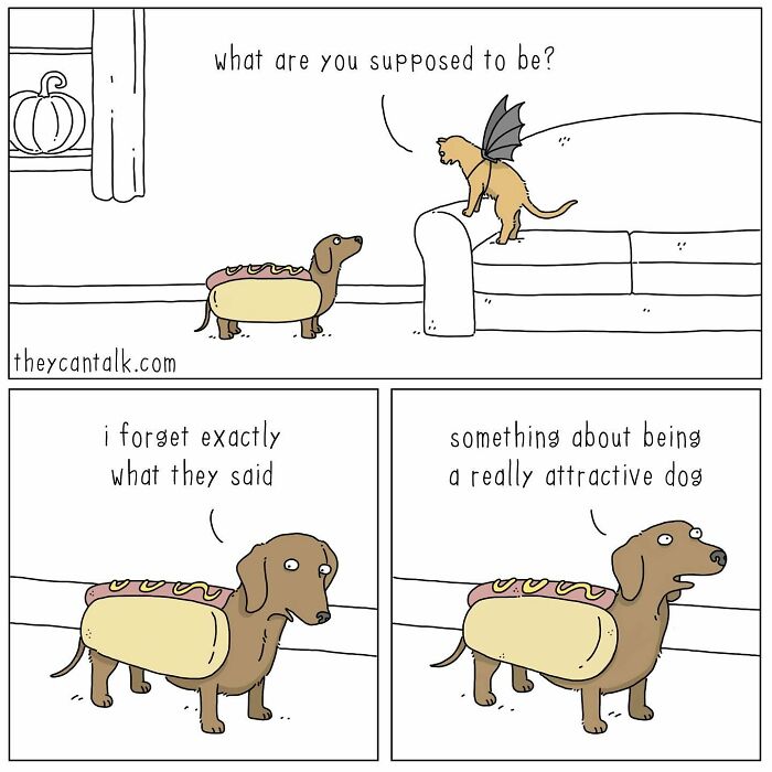 Funny comic showing a dog dressed as a hotdog talking with a cat wearing bat wings, capturing animals with a voice.