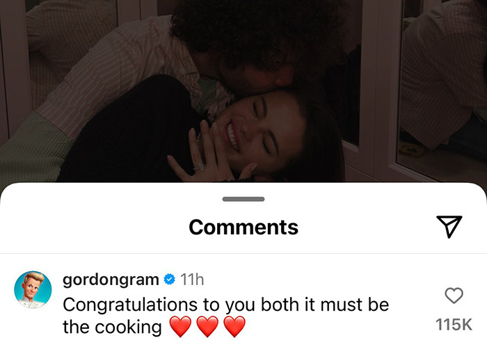 Gordon Ramsay comments on engagement with playful remark, hinting at cooking influence.