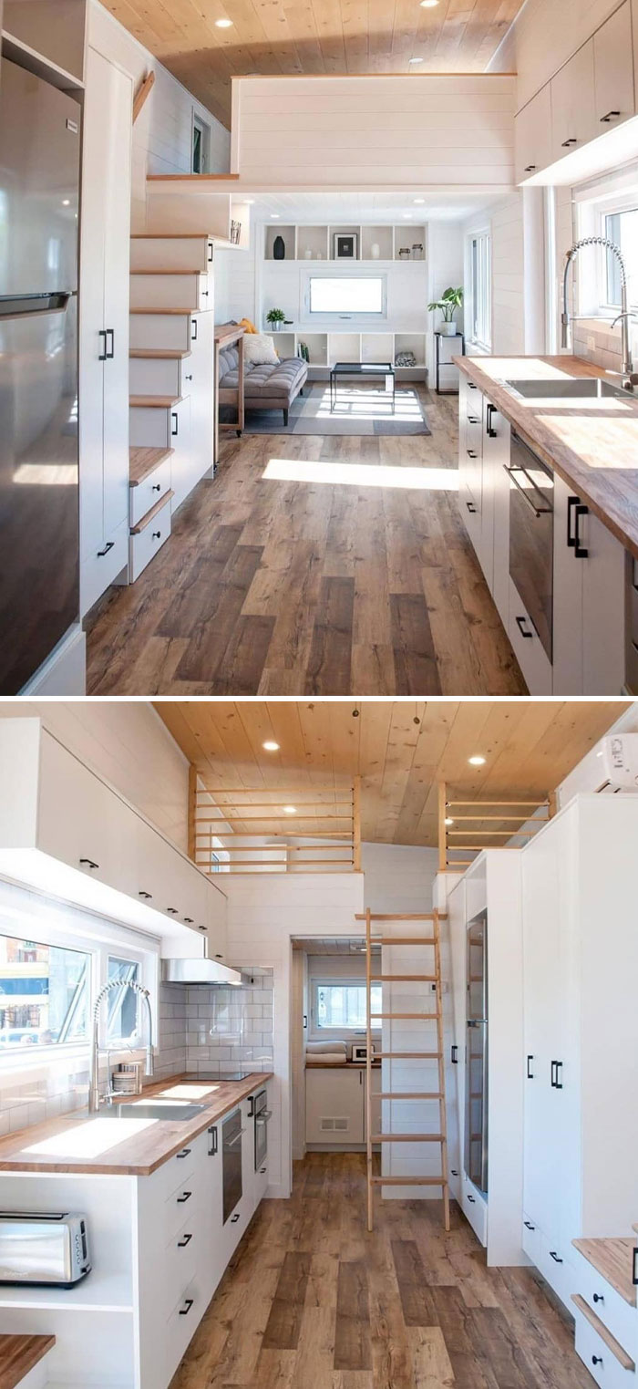 Modern tiny home interior with wood flooring, compact kitchen, loft, and cozy living area.