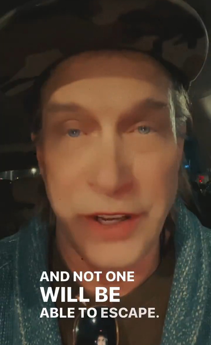Cryptic video screenshot with Stephen Baldwin wearing a hat, text reads "AND NOT ONE WILL BE ABLE TO ESCAPE". Cryptic video screenshot with Stephen Baldwin wearing a hat, text reads "AND NOT ONE WILL BE ABLE TO ESCAPE".