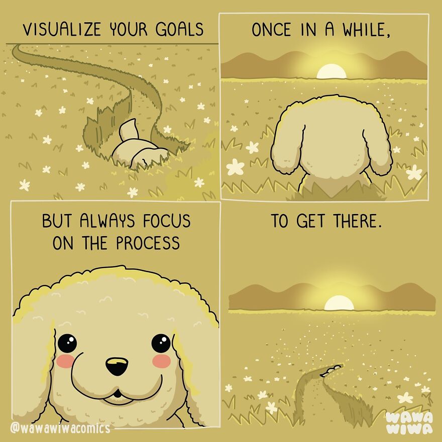 Wawawiwa Comics: Fluffy dog visualizes goal, walks path at sunset, focuses on process with a smile.