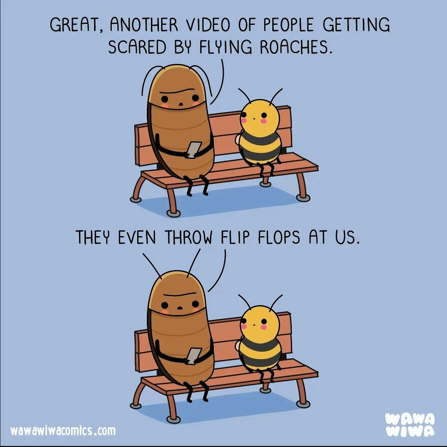 Comic of a cockroach and a bee on a bench, discussing people scared of flying roaches with humor from Wawawiwa Comics.