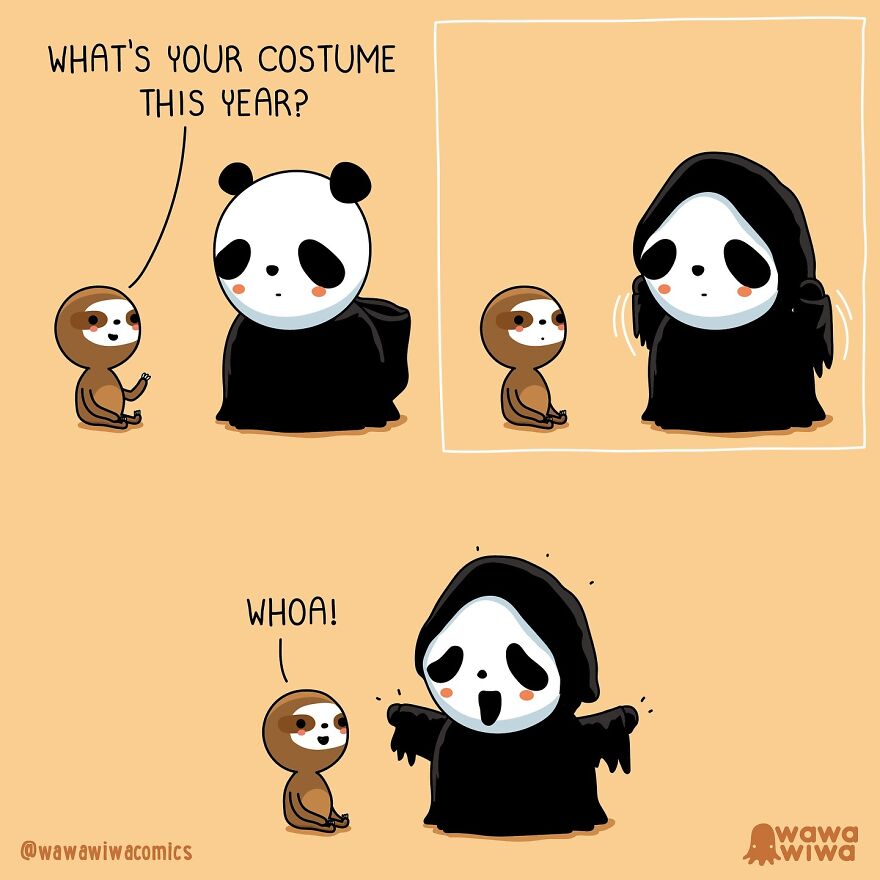 Wawawiwa Comics: A panda asks a sloth about its costume, then surprises it by transforming into a cute grim reaper.