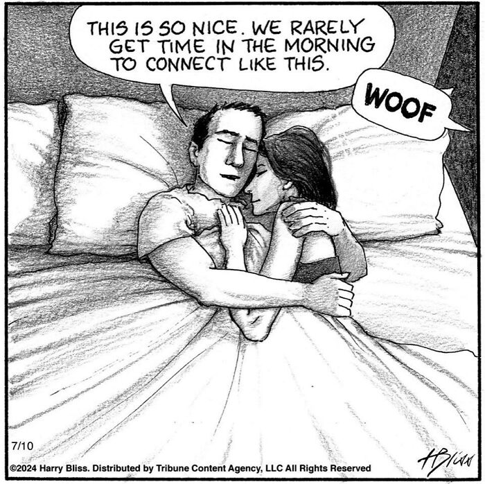 Couple cuddling in bed with humorous twist as woman says 'Woof.' Wholesome and humorous comic by Harry Bliss.