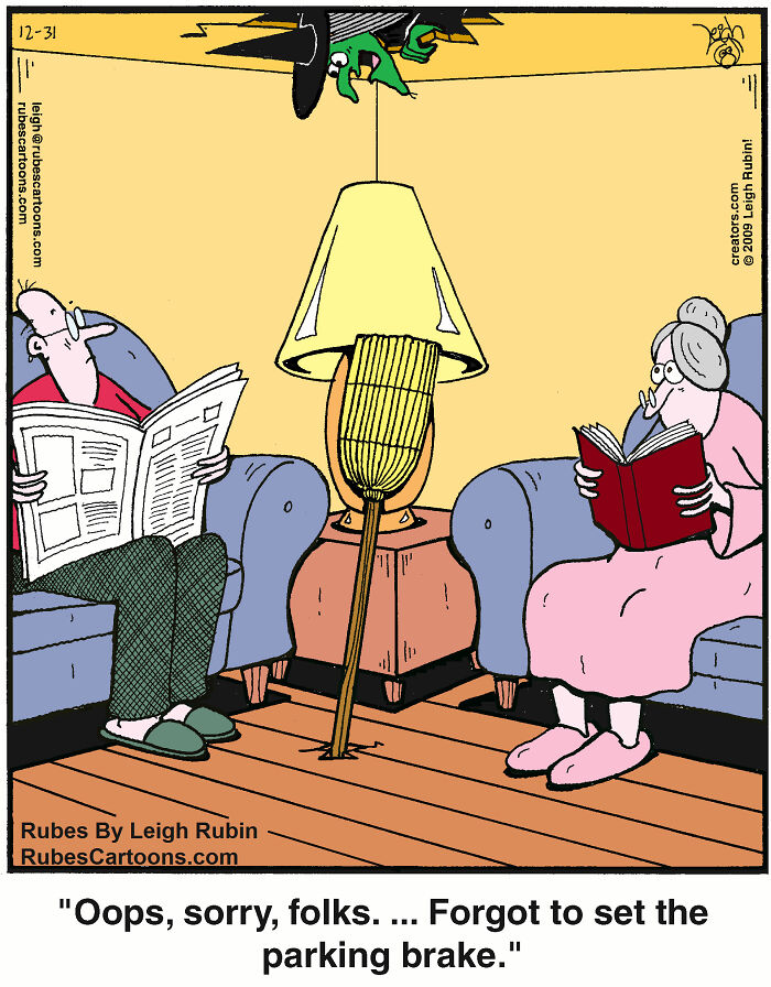 Cartoon of a witch hanging from the ceiling with a broom in a living room, funny comics inspired by Wicked and Wizard of Oz.