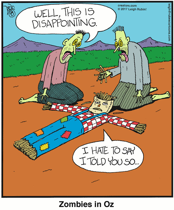 Two zombies kneeling beside a fallen scarecrow comic inspired by Wicked and The Wizard of Oz humor.