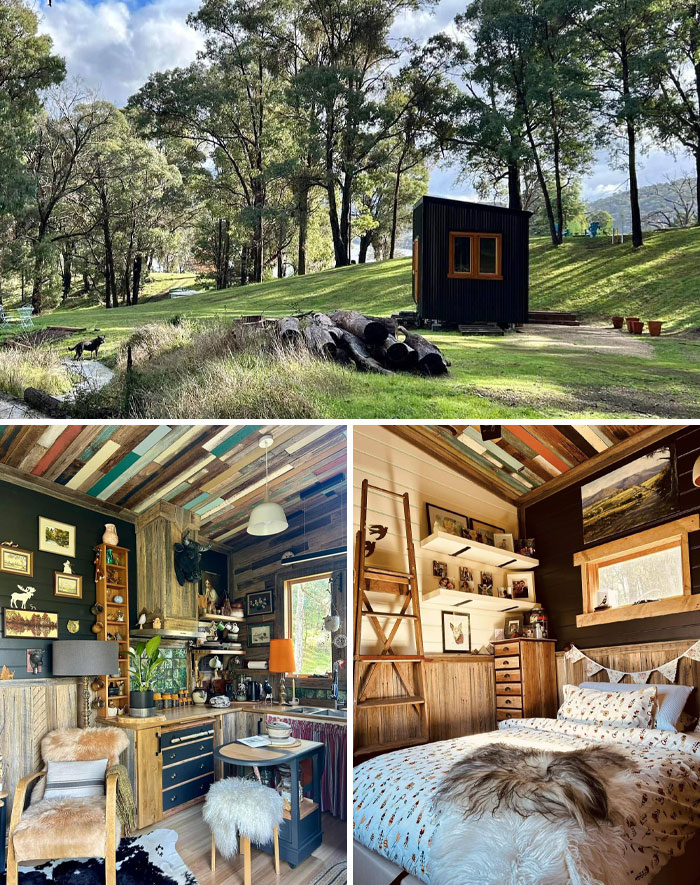 Dreamy tiny home in a lush forest setting with cozy interior details and rustic decor.