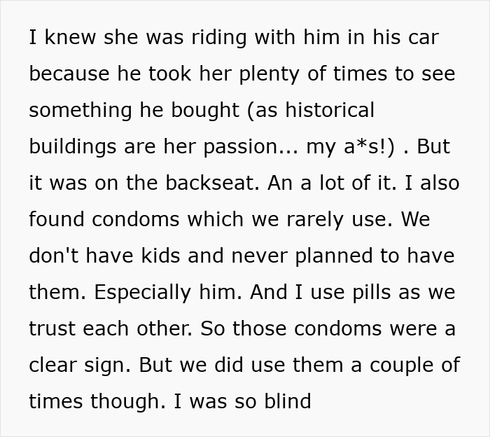 Text suggesting suspicion about a neighbour-daughter-husband affair found through car rides and unused condoms.