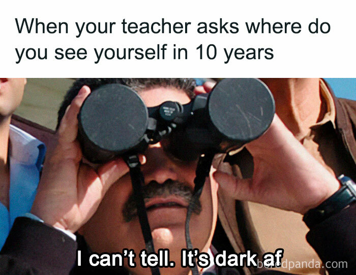 Man using binoculars humorously answers teacher about future; funny and relatable meme for 2025.