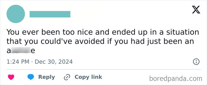 Text meme about being too nice with a humorous caption for 2025.