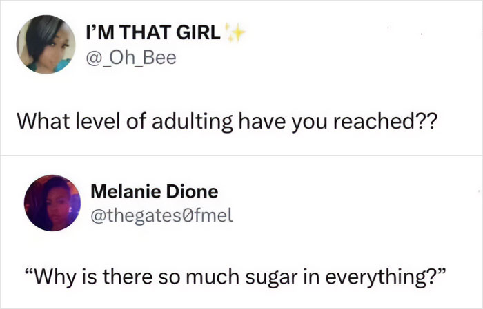 Funny and relatable meme about adulting, questioning sugar content in foods for a laugh in 2025.