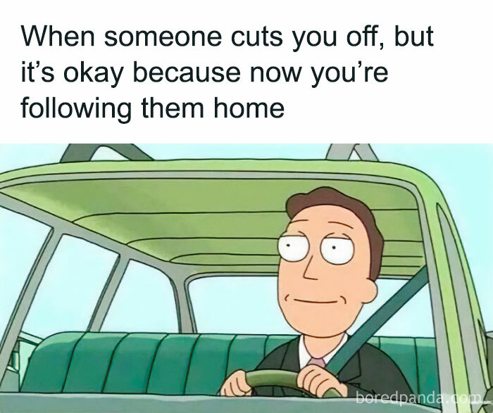 Funny and relatable meme of a cartoon character driving a car with a humorous caption about following someone home.