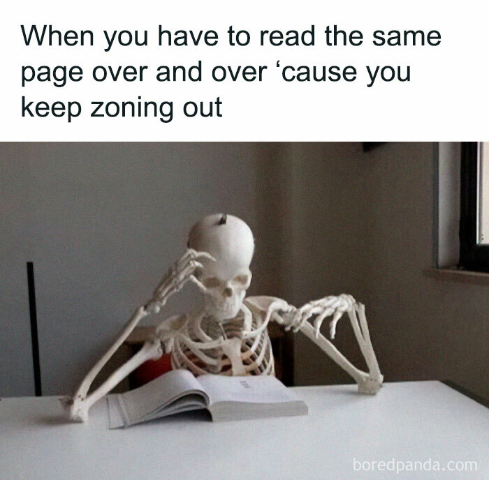 Skeleton reading a book, humorously representing relatable moments of distraction and zoning out.