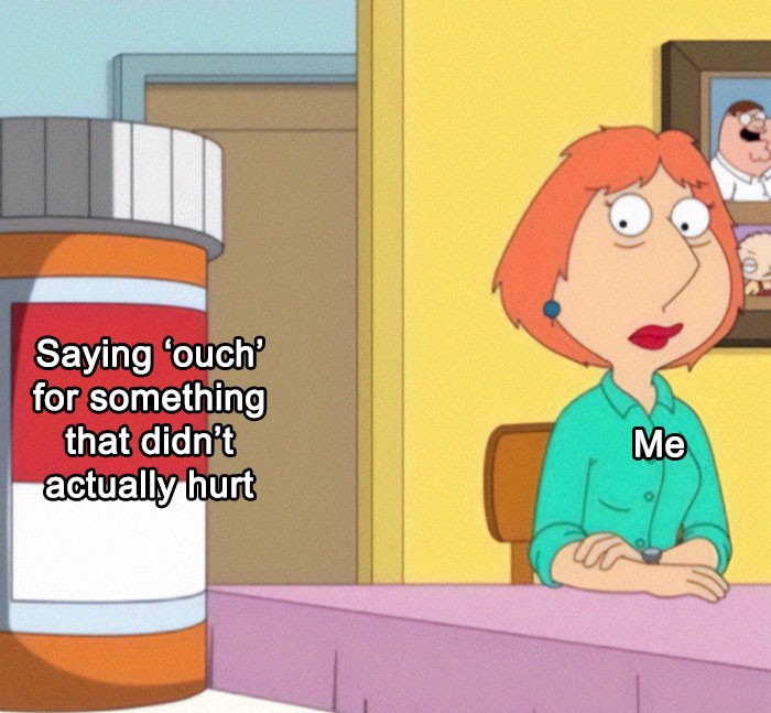 Cartoon character in a relatable meme about saying "ouch" for things that don't hurt.