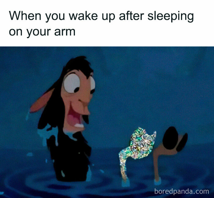 Funny and relatable meme of a cartoon character looking at their limp arm humorously.