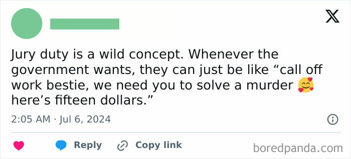 Funny relatable meme about jury duty and its low compensation with a humorous twist, shared on social media.