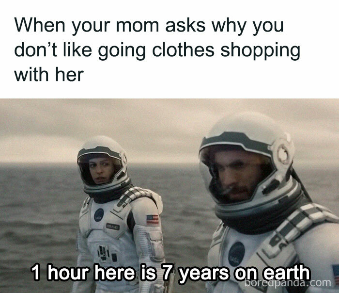 Funny and relatable meme featuring astronauts; a humorous take on shopping with mom's time perception.