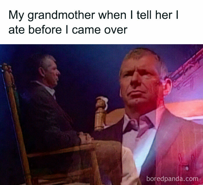 Man sitting and standing, showcasing a funny and relatable meme about grandmothers reacting to dinner excuses.