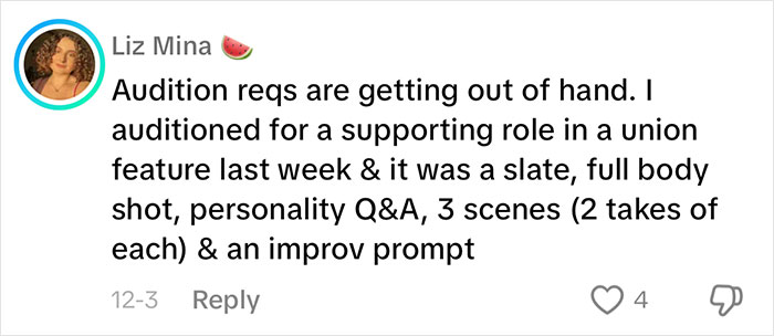 Text comment on rigorous audition requirements for non-famous actress in union role audition process.