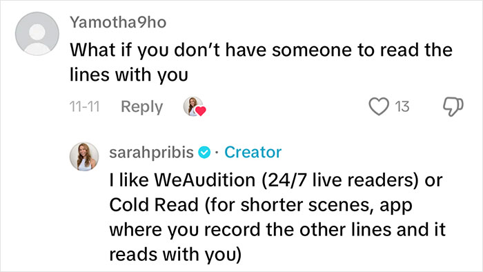 Non-famous actress shares auditioning tips, suggesting apps for reading lines with virtual partners.