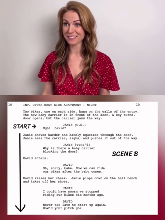 Woman in red dress discussing non-famous actress audition process with a script in the background.